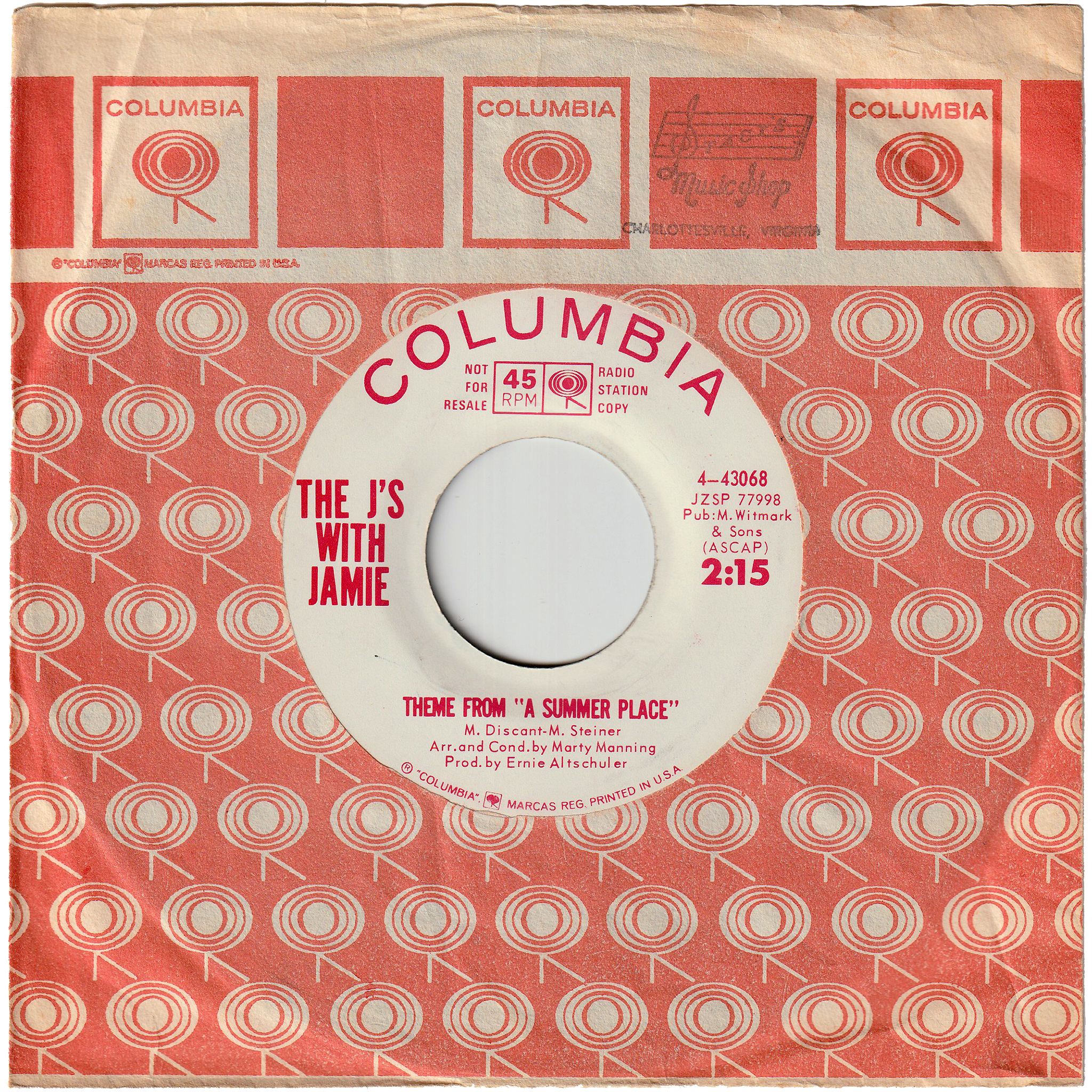 A SUMMER PLACE レコード　レコード　非売品(J-POP The J's with Jamie - Theme From A Summer Place / Popsicle In